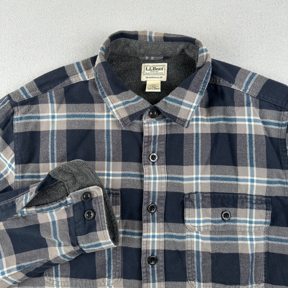 LL Bean Fleece Lined Flannel Shirt Jacket Mens L Tall Navy Blue Plaid 298190